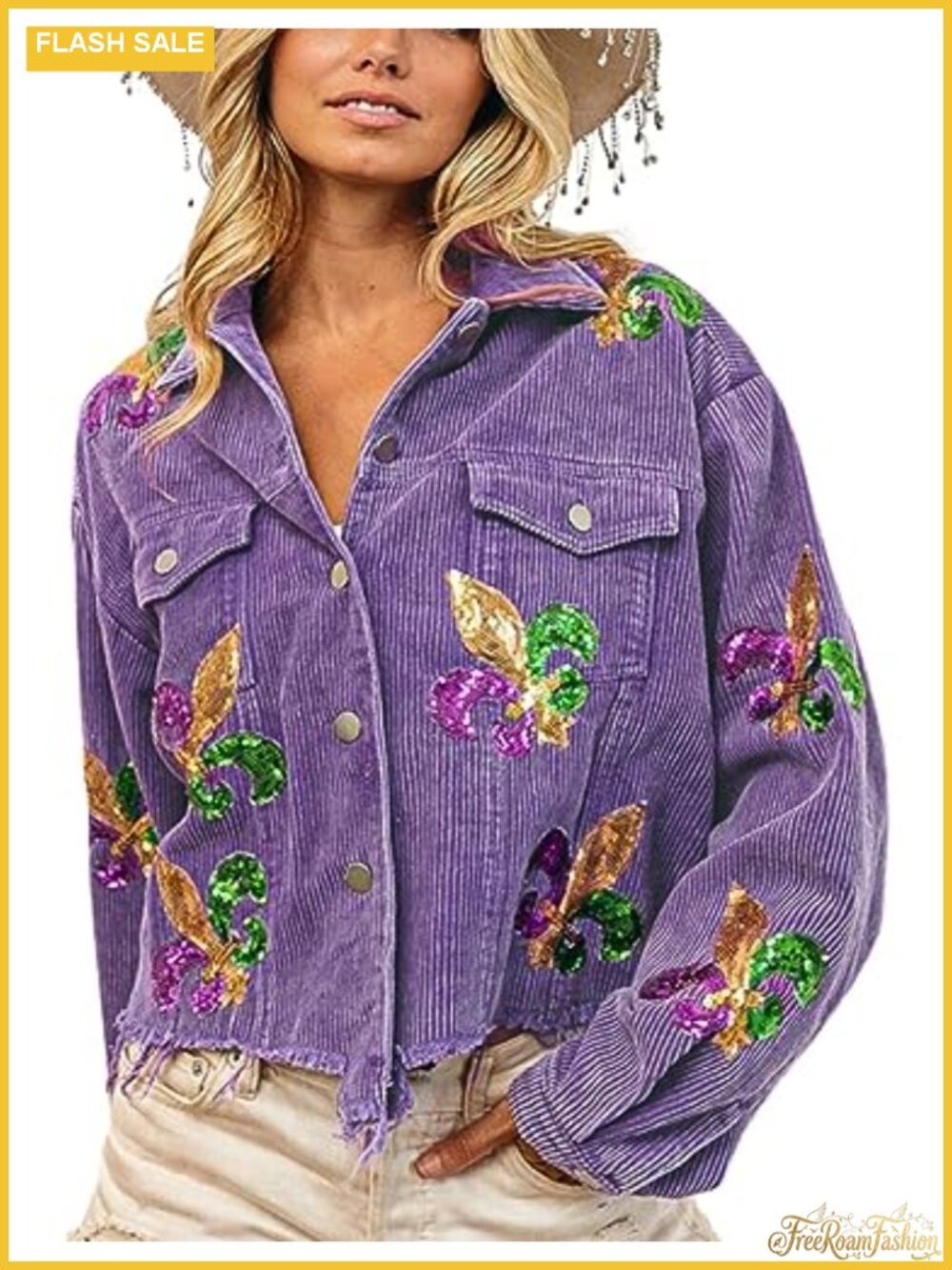 Women's Corduroy Crop Shacket with Sequin Embroidery Fringe Hem Two Pocket